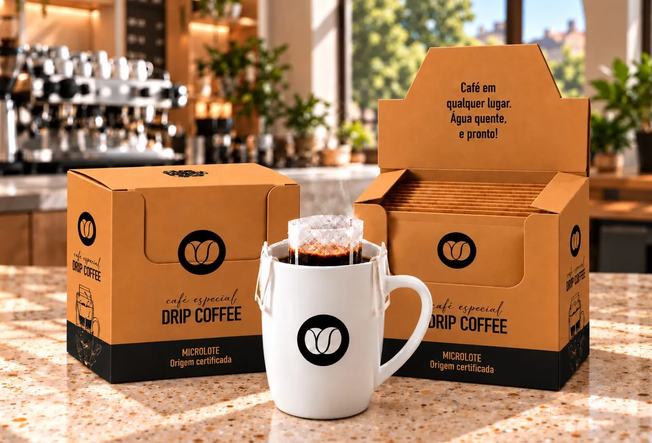 Caixa display padrão de drip coffee e caneca branca com filtro sobre balcão de cafeteria