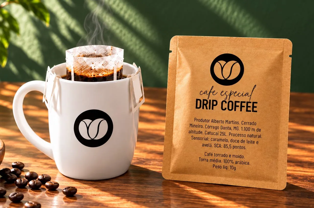 Sachê kraft de drip coffee ao lado de caneca branca com filtro